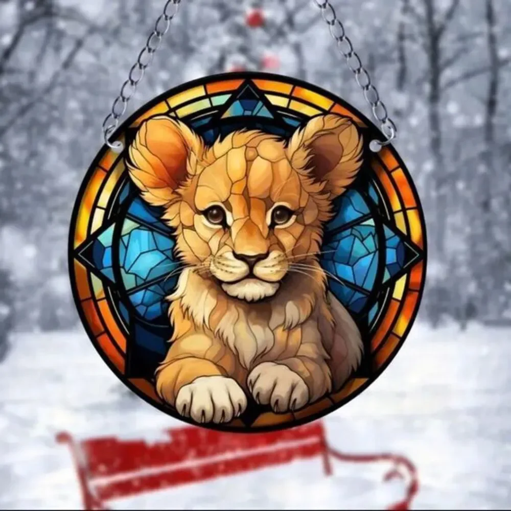 Baby Lion Acrylic Sun-Catcher Pendant with Hanging‎ Chain 5.9 ×5.9 Inches